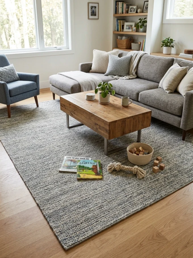 A gray sectional sofa, wooden coffee table, and low pile rug in a living room with toys and books scattered around