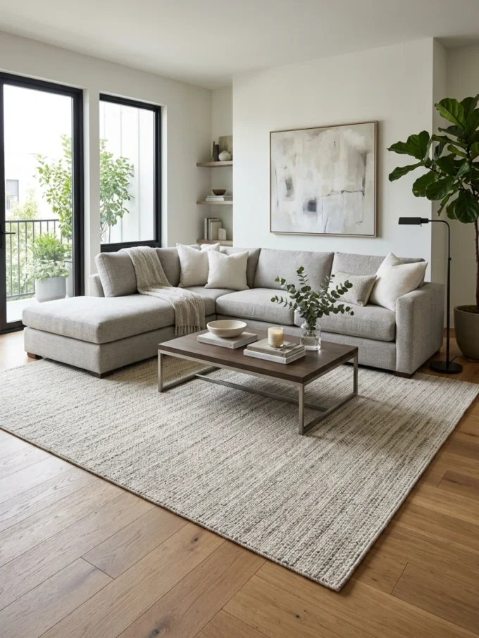 A beige sectional sofa with all legs on a large area rug