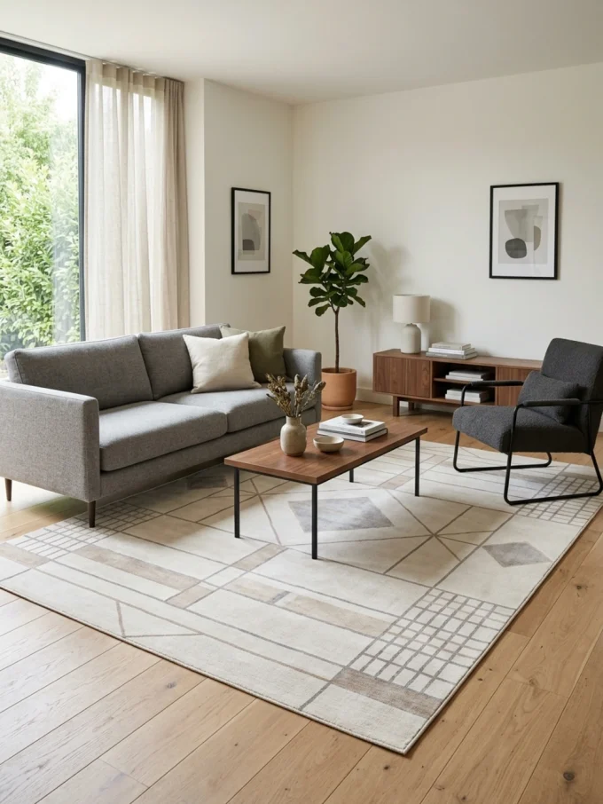 A geometric patterned rug in muted tones under a gray couch and coffee table