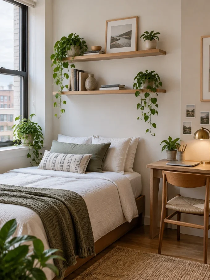 A small bedroom with a bed, two floating shelves with plants and decor, and a desk with a chair.