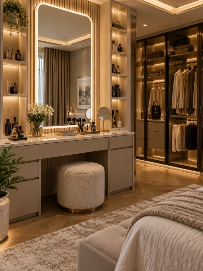 A luxurious dressing area with a large mirror, makeup station, and organized closet.
