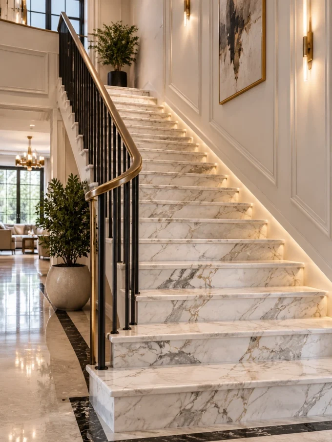 A marble staircase with gold railings and lights on the sides