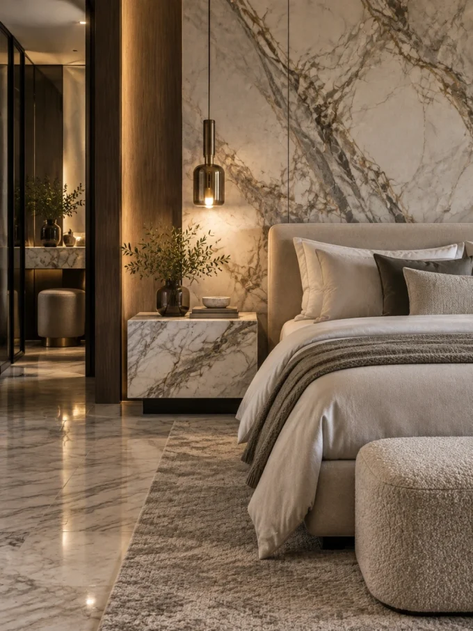Marble wall behind bed with nightstand and pendant light