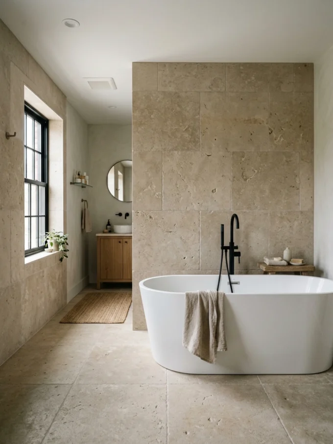 A freestanding white tub with a black faucet and beige towel, against a backdrop of large beige stone tiles on the wall and floor.