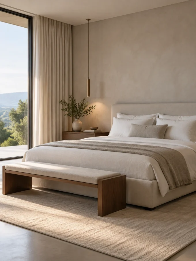 A minimalist luxury bedroom with a large bed, wooden bench, and simple nightstand.