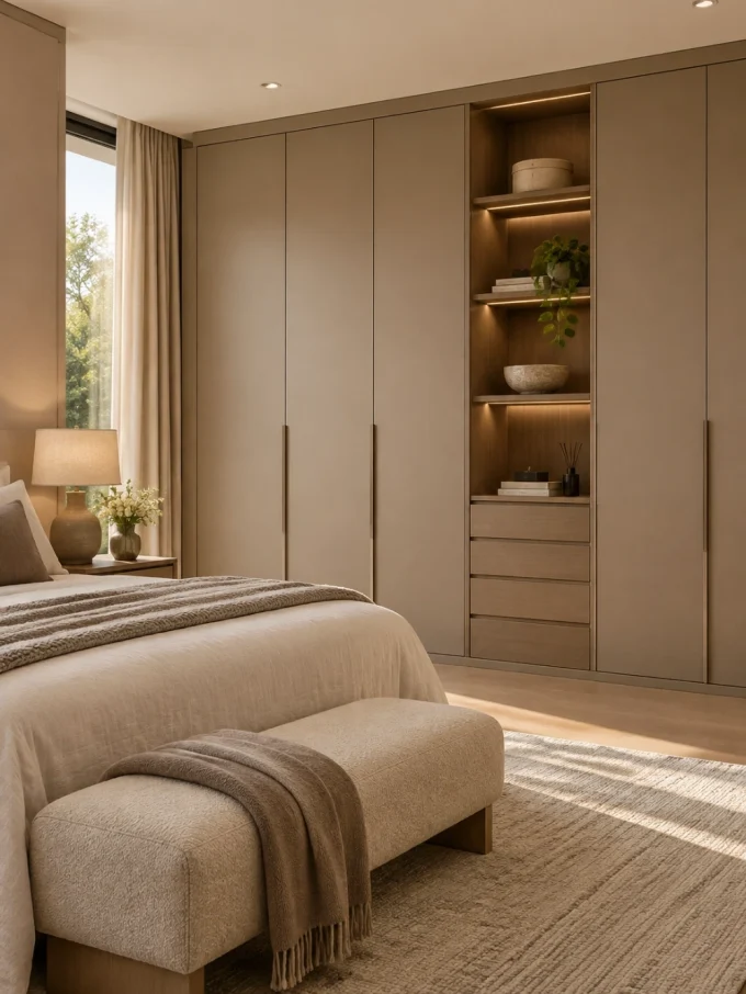 Luxury bedroom with modern built-in wardrobe design.