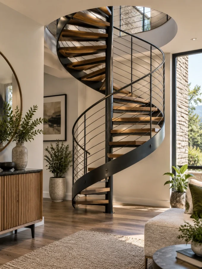 A modern spiral staircase with wooden steps and black metal railings