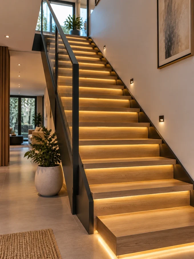 Modern staircase with integrated lighting.