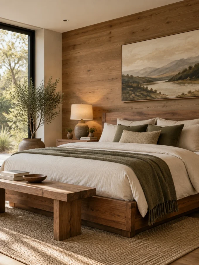 A bed with a wooden frame and headboard against a wood-paneled wall, with a painting above it, and a wooden bench at the foot of the bed.