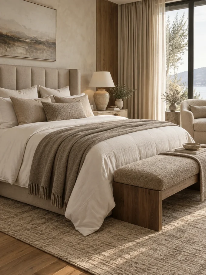 A beige bed with white sheets and brown throw blanket