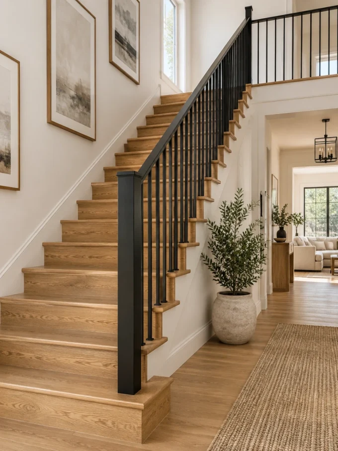 Modern stair with oak staircase with black railings featuring s wood flooring.