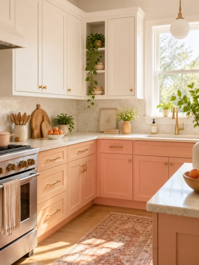 Peach fuzz lower kitchen cabinets with white upper cabinets and creamy quartz countertop