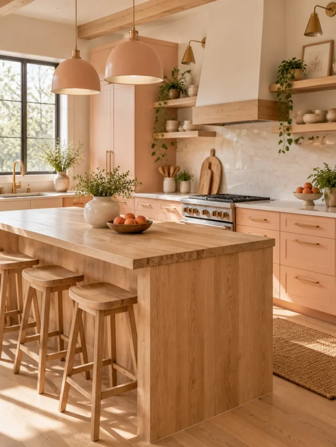 A kitchen island with light wood stools, Peach Fuzz cabinets, and natural wood accents.