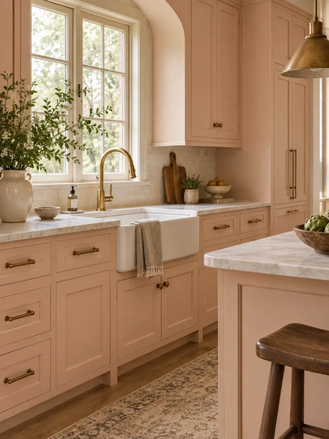 Peach fuzz kitchen cabinets with aged brass hardware and gold faucet