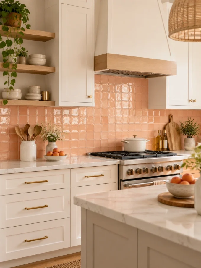 A peach-colored glossy tile backsplash with white cabinets and countertops