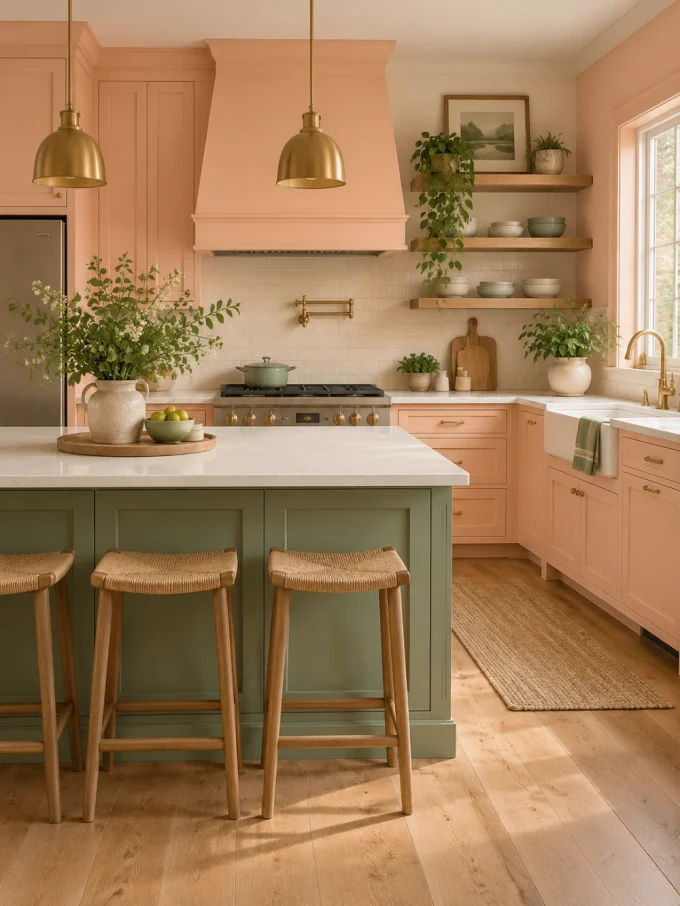 Peach fuzz kitchen with bring in sage green for an earthy contrast featuring wood tones.