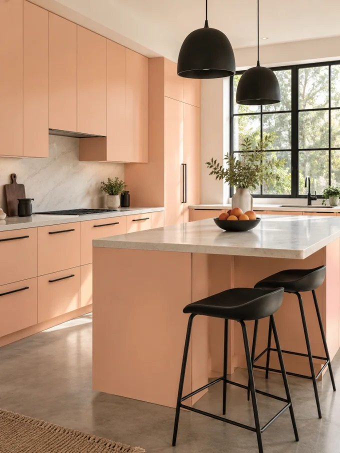 Peach fuzz kitchen with matte black for a modern edge featuring few strong black details, black accents, and brass accents.