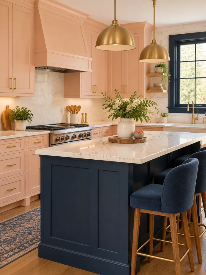 Peach fuzz kitchen with navy for a deeper contrast featuring cream countertops and natural wood, wood tones, and keep the remaining finishes restrained.