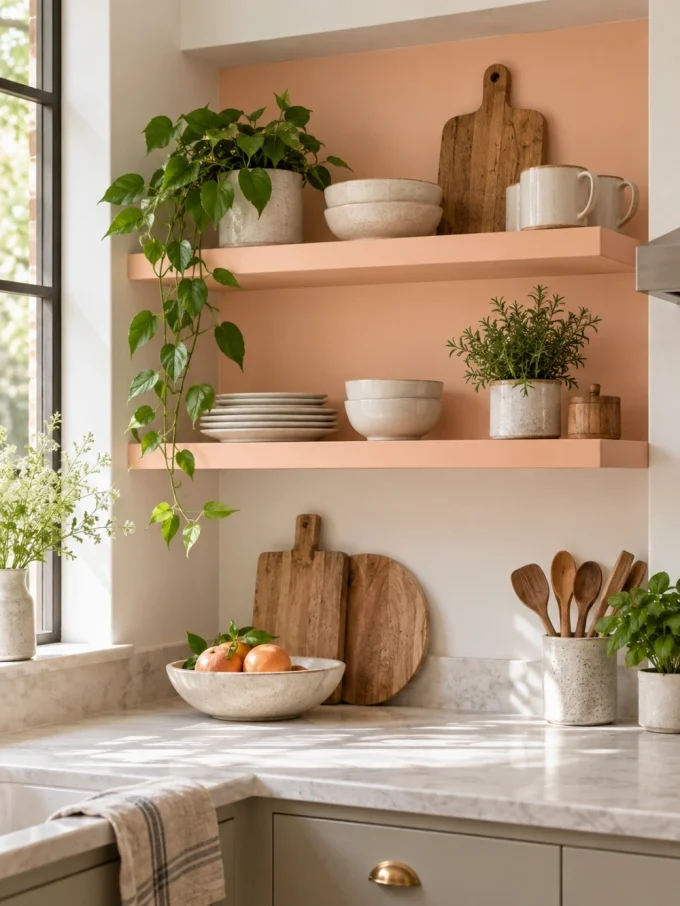 A peach-painted open shelf with neutral ceramics, wood boards, and green plants against a white wall in a kitchen.