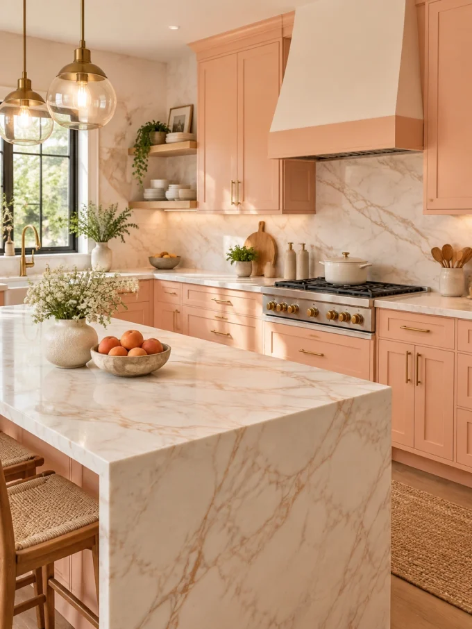 Peach fuzz kitchen cabinets with marble countertop and backsplash