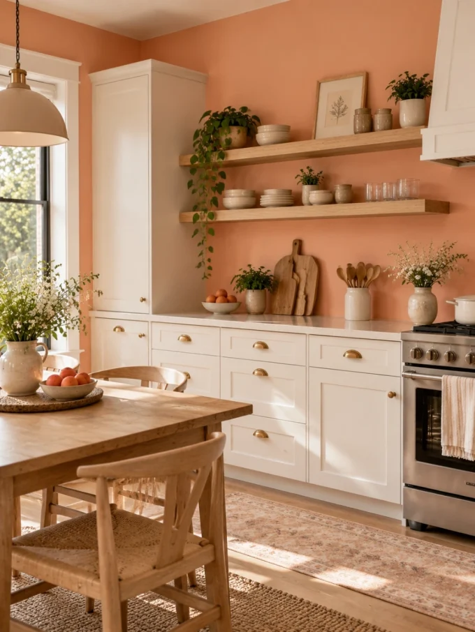 A kitchen with peach fuzz walls, white cabinets, and natural wood shelving.