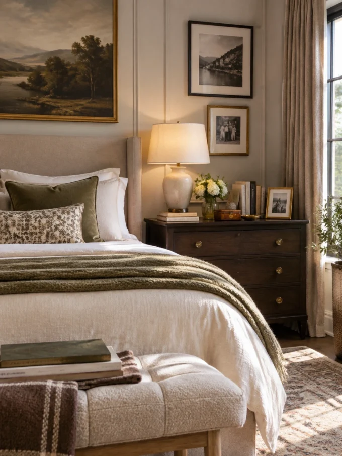 A bed with white and green pillows, a painting, and framed photos on a dresser.