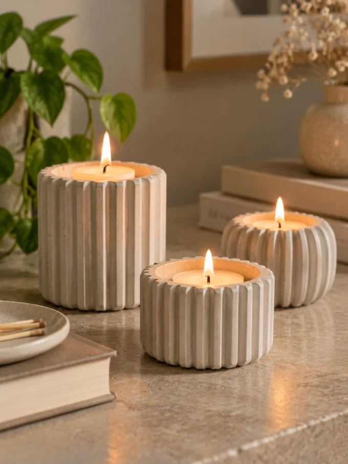 Three lit candles in ribbed concrete holders on a table
