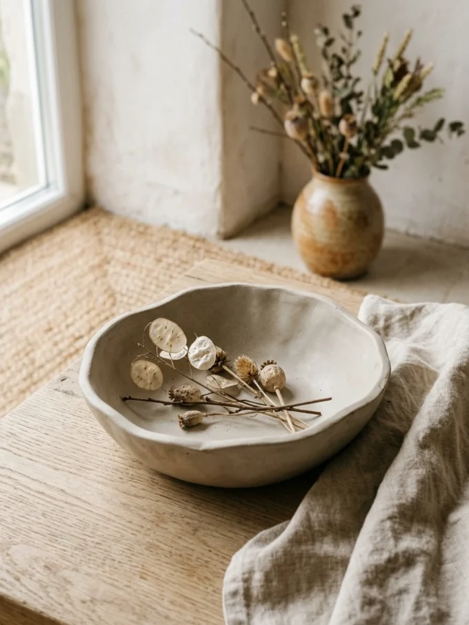 An organic-shaped cement bowl on a wooden table with dried flowers inside and a vase with dried flowers in the background.
