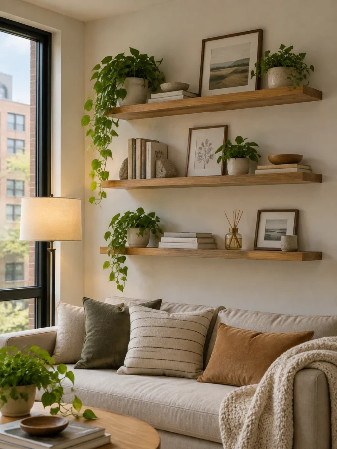 Diy floating shelf with rental-friendly floating shelves without major wall changes.