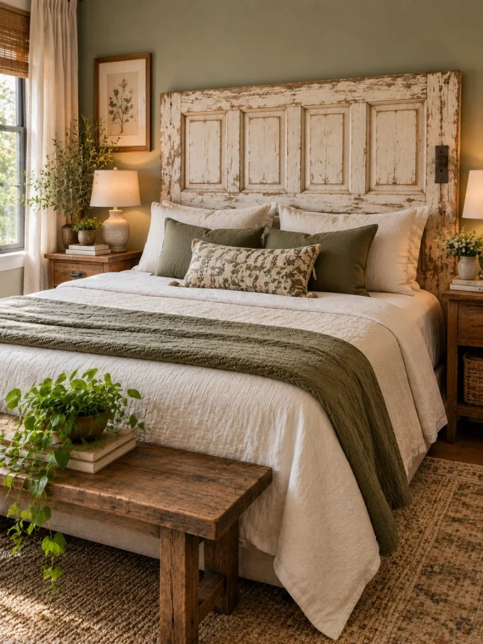 A distressed white door repurposed as a headboard behind a bed with white and green bedding