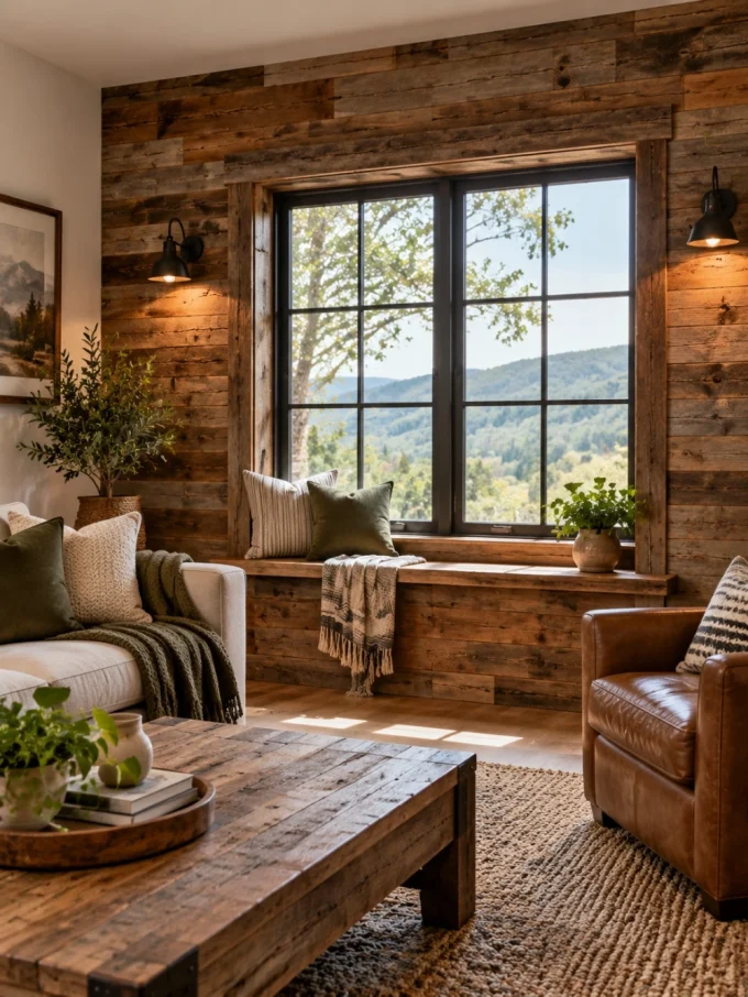 Rustic accent wall with window.