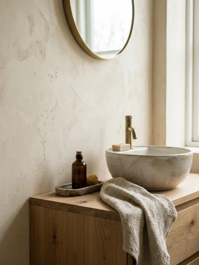 A stone sink with a natural linen towel draped over the wooden vanity, accompanied by a soap bar, brown glass bottle, and sponge on a tray.