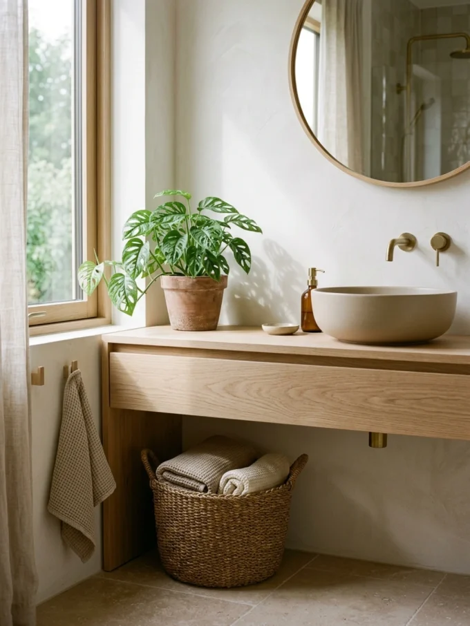 A wooden vanity with a woven basket of towels, a potted plant, and a soap dispenser
