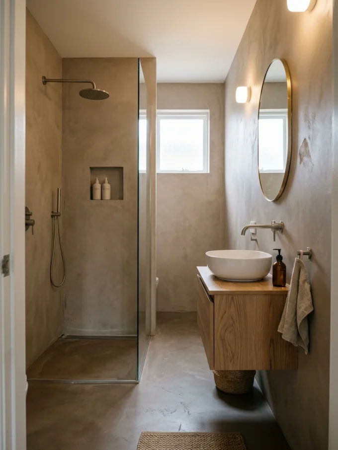 A bathroom with a seamless microcement wall finish, a wooden vanity with a white sink, and a shower area with a glass door.