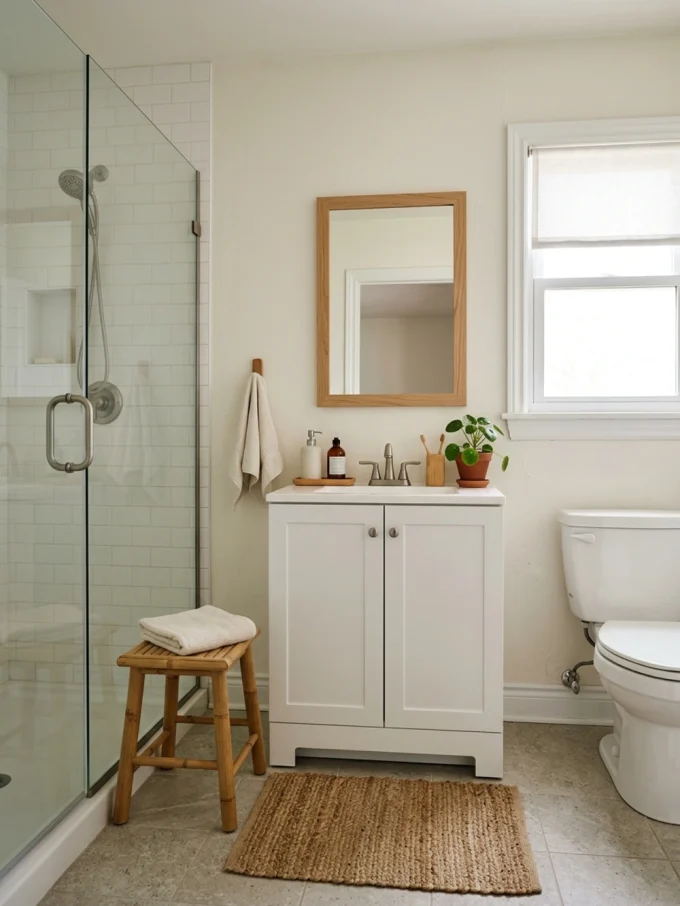 A bathroom vanity with a wood-framed mirror, simple white cabinet, and natural accessories