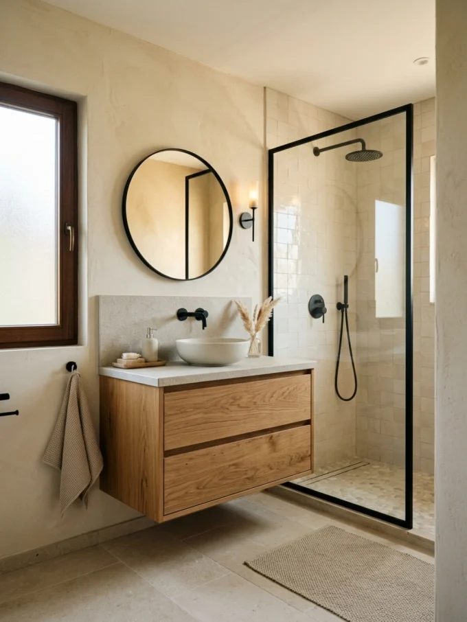 Serene japandi bathroom with matte black fixtures as controlled contrast featuring black fixtures, wood tones, and black accents.
