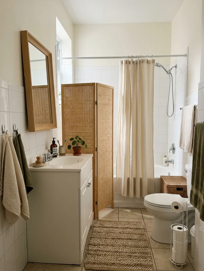 Bathroom with white vanity, wood-framed mirror, bamboo screen, beige shower curtain, and neutral towels