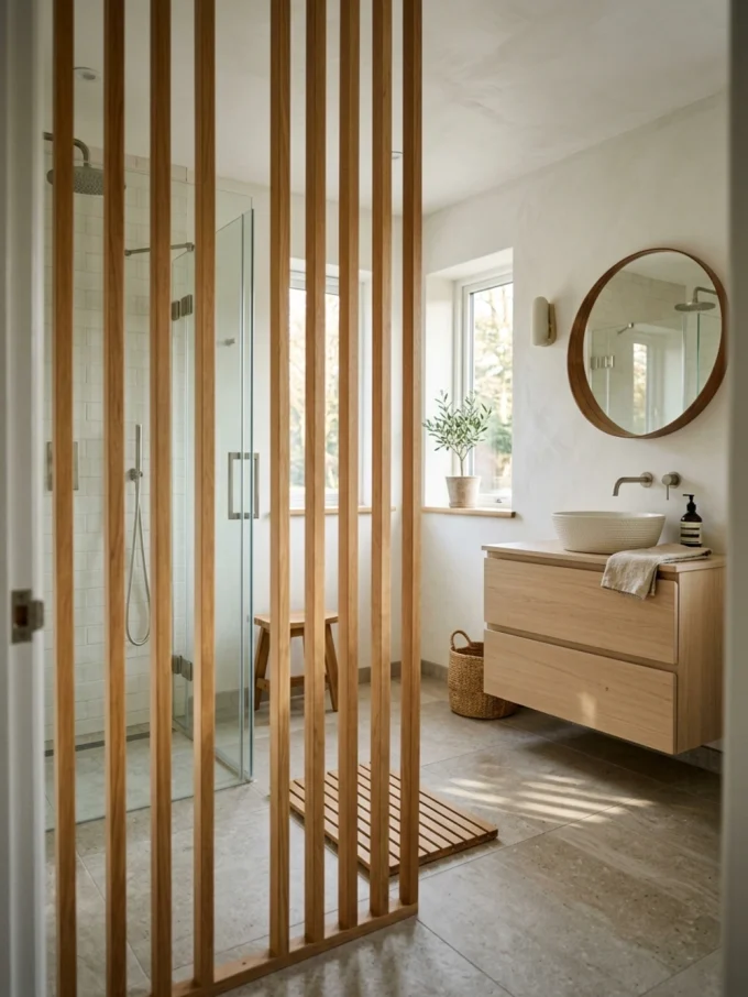 A wooden slatted screen partially divides a shower from the rest of a Japandi-style bathroom