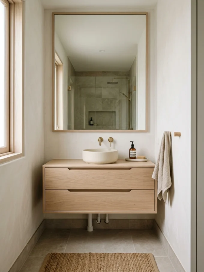 A floating light wood vanity with two drawers, a white sink, and gold fixtures beneath a large rectangular mirror reflecting a shower area.
