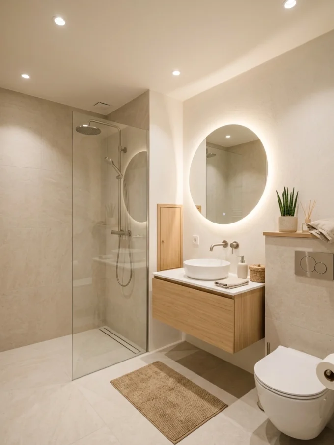 A backlit round mirror above a light wood vanity with a white sink, in a beige Japandi-style windowless bathroom with recessed ceiling lights, pale stone-look floor, and glass-enclosed shower
