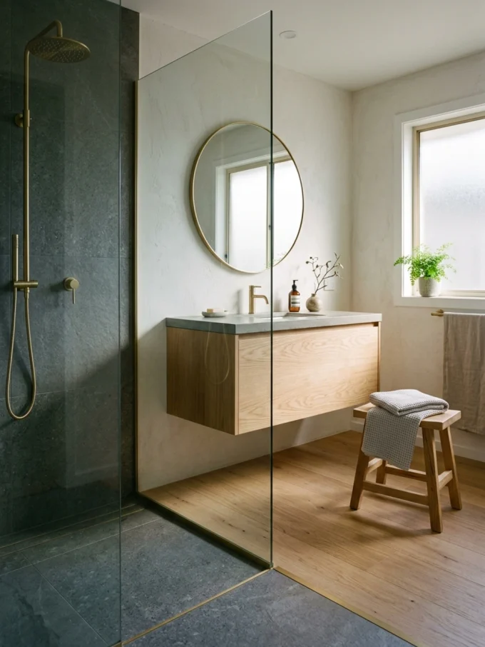 Serene japandi bathroom with bathroom wood carefully around water.
