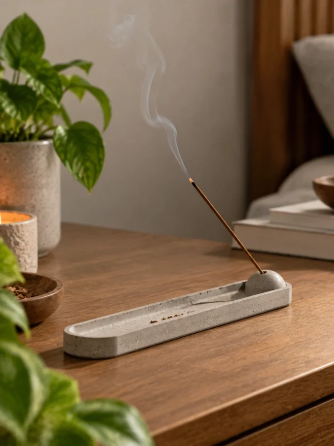 A gray cement incense holder with a small hole at one end holding a smoldering stick, on a wooden table beside a potted plant and candle.