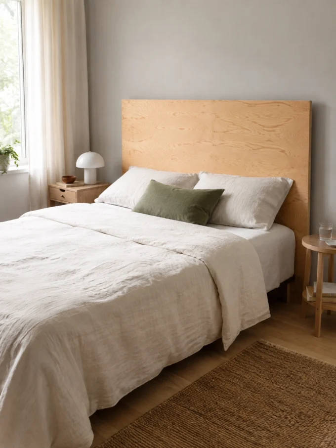 A bed with a light wood headboard, white bedding, and green accent pillow