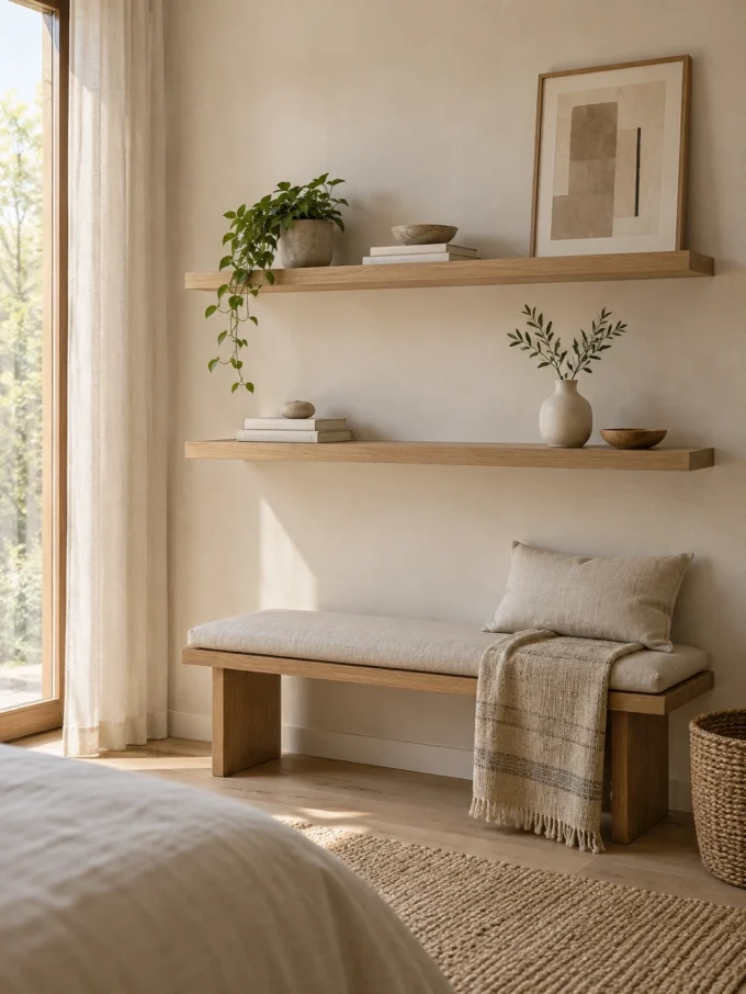 A Japandi-style room with a wooden bench, two floating shelves holding a few decorative items, and a window with a view.