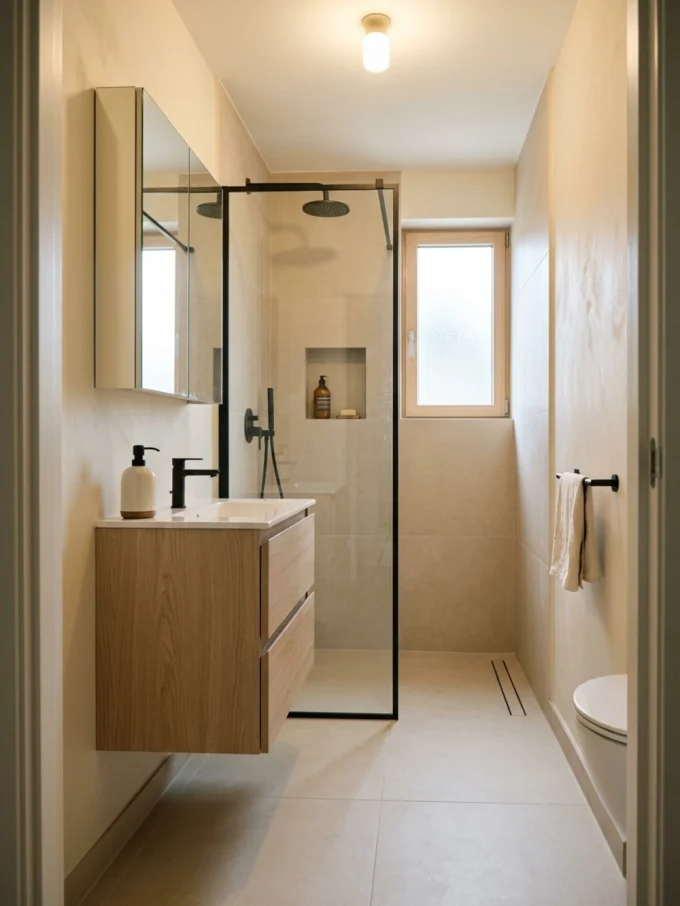 A small bathroom with a floating wooden vanity, recessed shower niche, and tall cabinet space