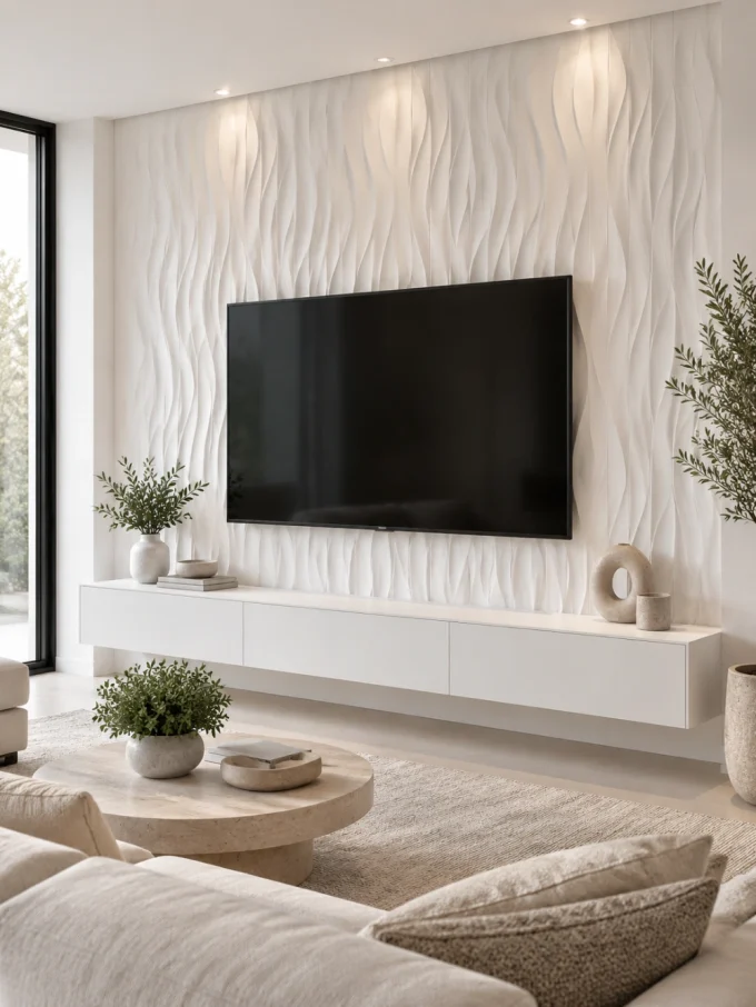 A sleek black TV mounted on a textured white wall above a minimalist floating media console with decorative items and plants.
