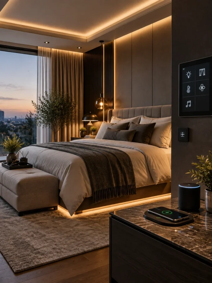 A modern luxury bedroom with smart features, including a control panel on the wall, a wireless charging phone on a marble nightstand, and ambient lighting.