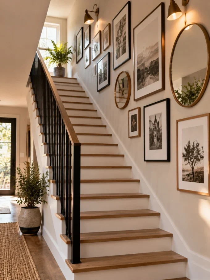 A staircase with a gallery wall of framed artwork and mirrors