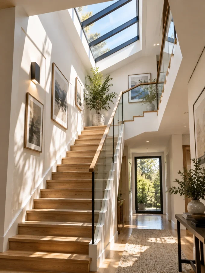 A staircase with a glass railing and skylight above, surrounded by framed pictures and plants.