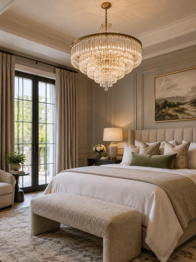 A large crystal chandelier hangs above a bed with a beige headboard and bench at the foot.